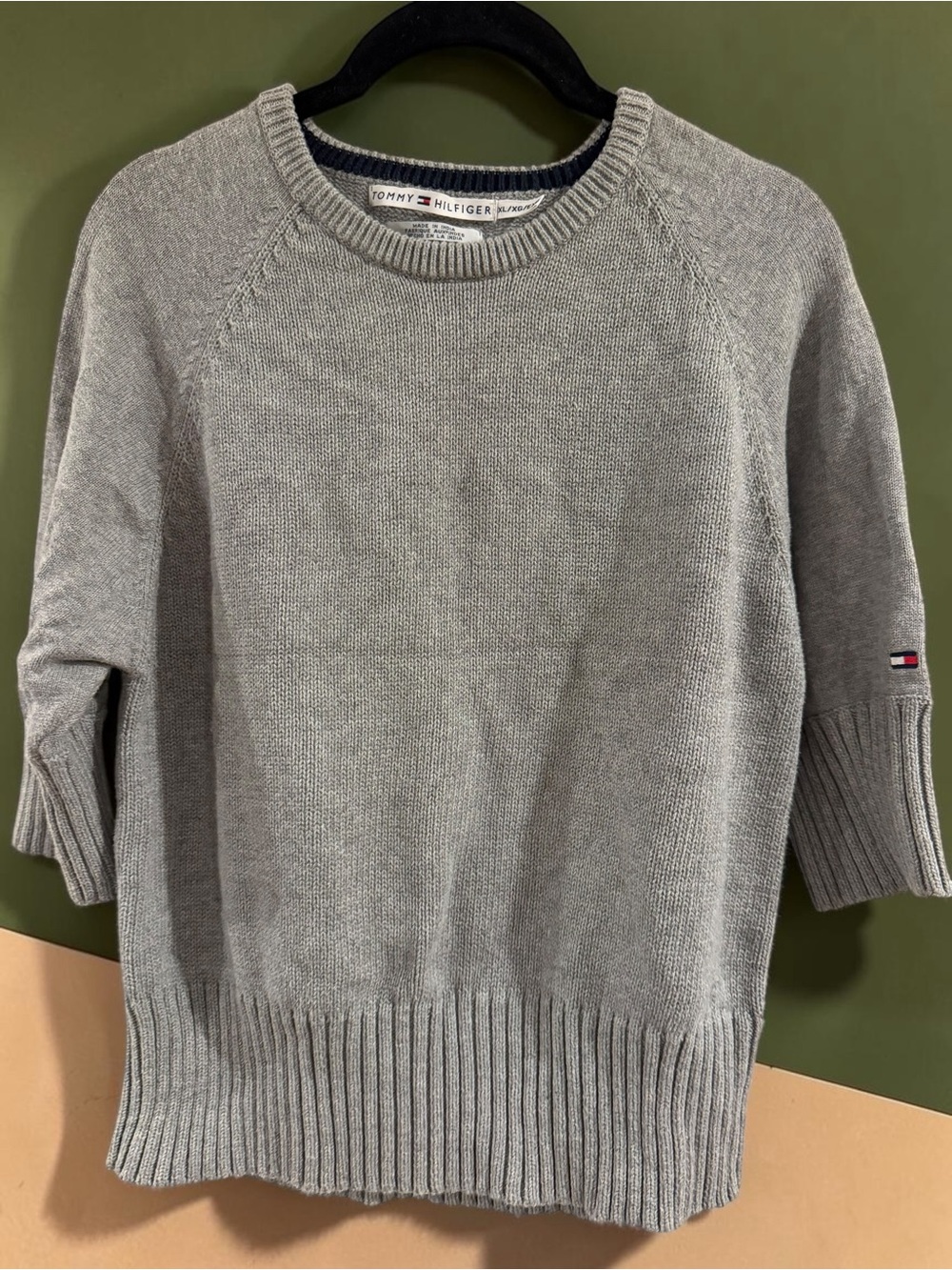 Tommy Hilfiger Chunky Knit Sweater XL Gray Flag Logo Crewneck Cotton Preppy
